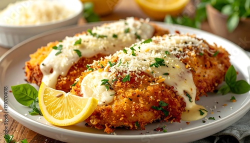 Delicious Chicken Francese with Lemon Butter Sauce and Parmesan.