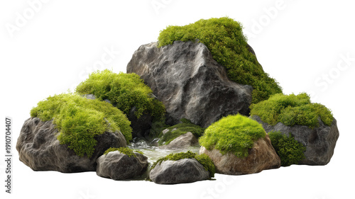 A serene natural scene featuring lush moss-covered rocks, evoking tranquility and connection with nature.
