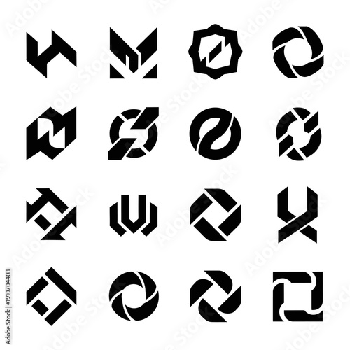 Set of sixteen abstract geometric logos in black on a white background, showcasing modern design elements and unique shapes.