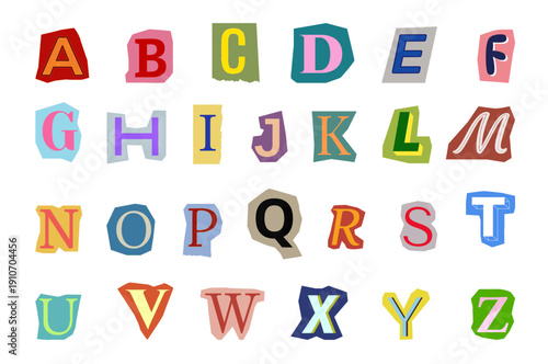 Magazine cutout collage vector alphabet. Anonymous font, color capital letters on cutout paper backgrounds