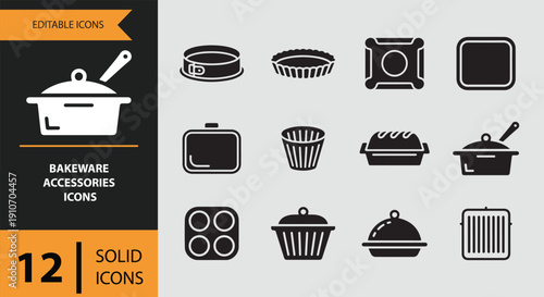 Bakeware Accessories Icons solid icon set.Bold bakeware accessory solid icons