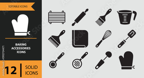Baking Accessories Icons solid icon set.Essential baking tool solid icons
