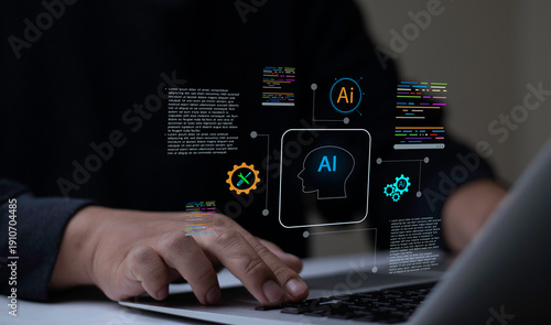 Cuadro en lienzo Programmer typing on laptop with AI coding assistant hologram displaying source code, gears, and AI head icon