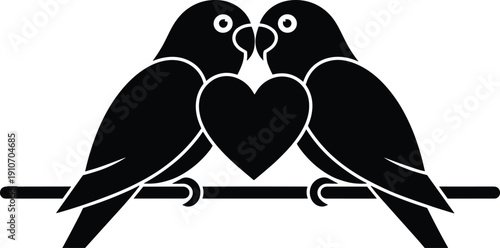 Minimalist love birds silhouette illustration with heart shape, romantic couple birds on branch, black and white vector icon for wedding, logo, and Valentine design