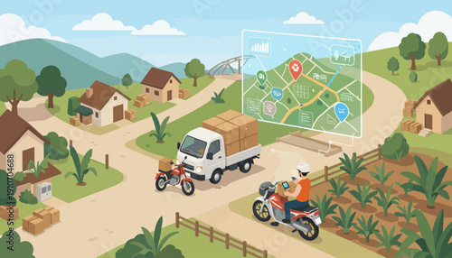 Village houses on a sunny hill with cars and trees in a green landscape cartoon style