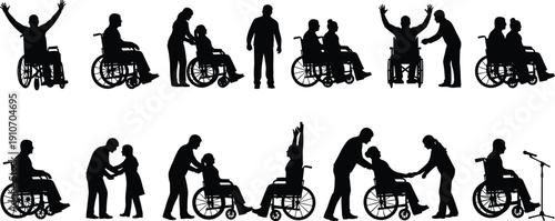 Collection of wheelchair user silhouettes with caregivers providing assistance and support, illustrating disability inclusion, healthcare services, rehabilitation, and accessible community care 