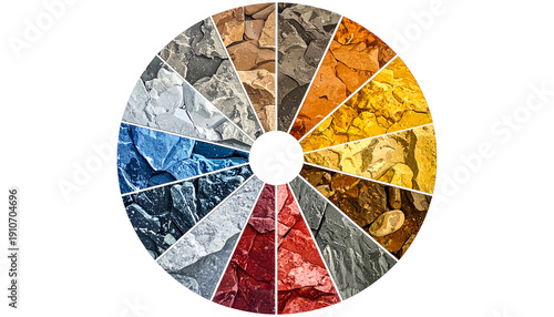 Circular arrangement of various textured stone samples, showcasing a wide range of colors