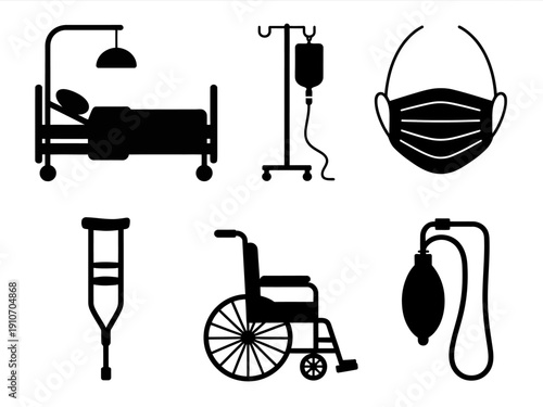 Medical equipment and tools icon set vintage silhouette collection vector illustration