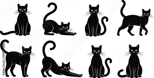 Set of Black Cat Silhouette Vectors in Various Poses Including Sitting Stretching Walking and Standing Minimalist Halloween Feline Icons for Creative Graphic Design Projects