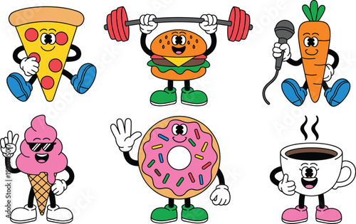 Cute Cartoon Food and Drink Characters Set with Funny Faces, Pizza, Burger, Carrot, Donut, Ice Cream, Coffee Cup Vector Illustration Isolated on White Background