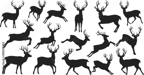 Set of running and jumping deer silhouettes collection with antlers wildlife animal vector illustration icons isolated on white background for nature hunting design use