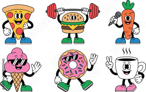 Cute Cartoon Food Mascot Characters Including Pizza Burger Carrot Donut Ice Cream and Coffee Cup in Fun Fitness and Entertainment Vector Illustration Set