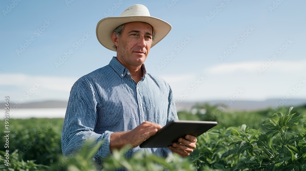 Fototapeta premium Exceptional nanotechnology applications in agriculture improving crop yields with tailored nutrient delivery and pest control. A sunlit farm field with healthy plants growing, where scientists