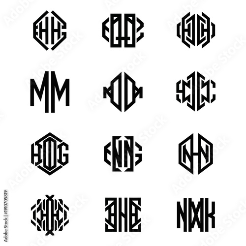 Set of twelve geometric monogram logos with various letter combinations.