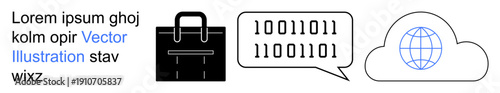 Cloud computing, digital security, online data storage, global networking, programming, technology management. Binary code and briefcase with globe on a cloud. Cloud computing and digital security