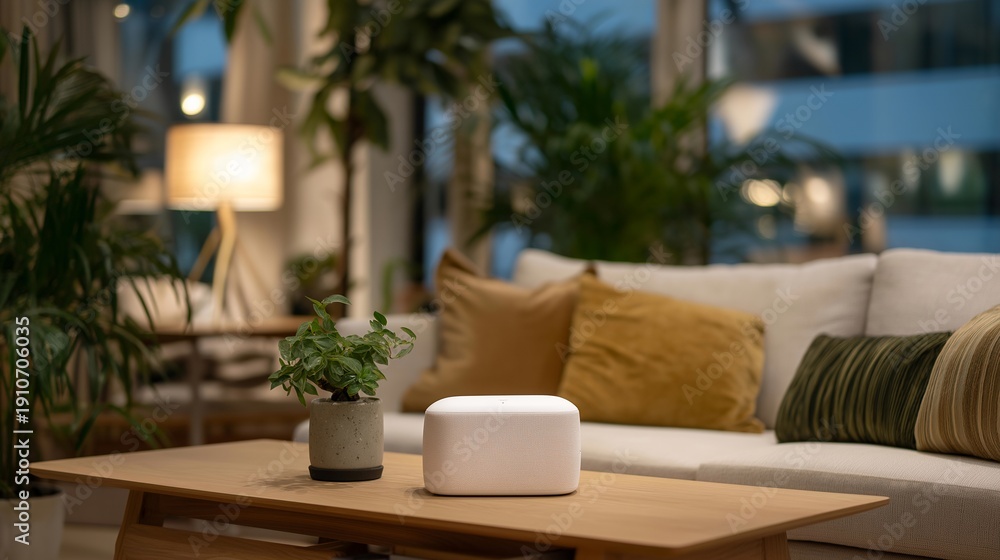 Fototapeta premium Sleek home automation devices enhancing everyday living, creating seamless connections for comfort and security in modern lifestyles. A cozy living room equipped with smart lighting and gadgets,