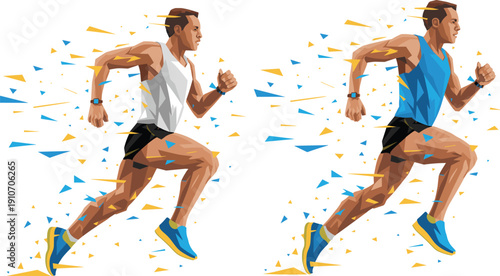 Dynamic low polygon illustration of male runner sprinting with geometric shards, modern athletic sports design, speed motion concept, isolated vector artwork on light background