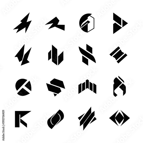 Collection of Abstract Black Geometric Logos and Symbols on White Background.