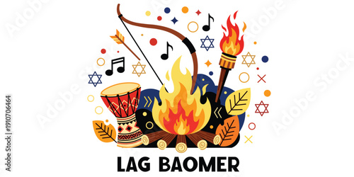 Lag BaOmer Jewish Holiday Illustration with Bonfire Bow and Arrow Drum Torch and Star of David Symbols