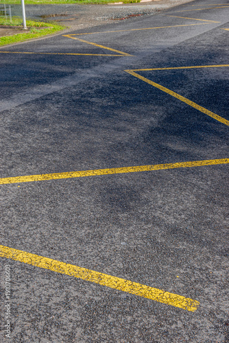 Zébras jaunes des deux côtés de la route, au environ d'un arrêt de bus