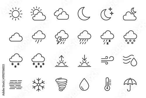 Minimalist weather forecast line icon set with sun clouds rain snow storm and temperature symbols for meteorology mobile application.