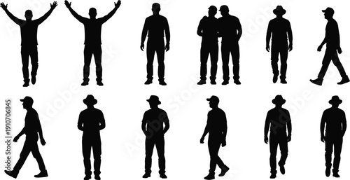 Silhouette Collection of Casual Men Walking Standing and Cheering with Hats and Caps Isolated on White Background for Graphic Design and Vector Projects