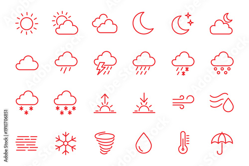 Minimalist weather forecast line icon set with sun clouds rain snow storm and temperature symbols for meteorology mobile application.
