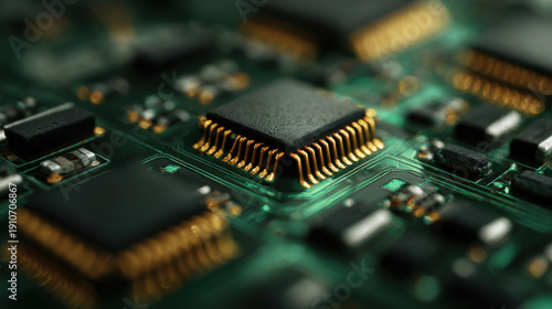 Wallpaper Mural Microchip on electronic circuit board with golden connectors and green technology background, macro view of semiconductor processor representing computing, innovation and digital technology Torontodigital.ca