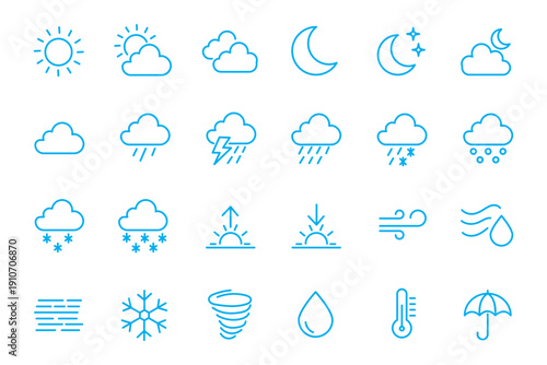 Minimalist weather forecast line icon set with sun clouds rain snow storm and temperature symbols for meteorology mobile application.