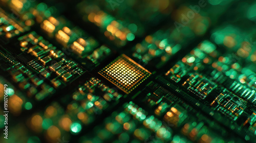 Wallpaper Mural Macro close up of electronic microchip on green circuit board with gold connectors and glowing components representing modern technology and advanced computing hardware Torontodigital.ca