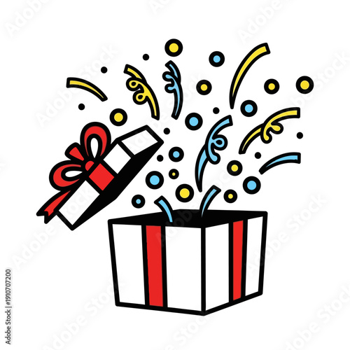 Dynamic illustration of a festive gift box opening, revealing a joyful explosion of colorful confetti and curled ribbons, perfect for celebrations and special occasions