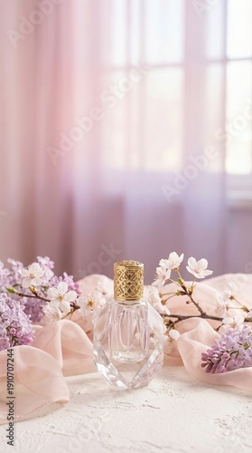 Wallpaper Mural Spring elegant pastel branding background for commercial marketing Elegant Perfume Bottle Surrounded by Blossoming Flowers and Fabrics Torontodigital.ca