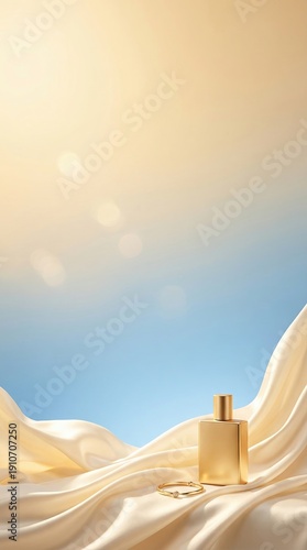 Wallpaper Mural Summer luxury advertising background with copy space Elegant perfume bottle on soft silk fabric with golden hue background Torontodigital.ca