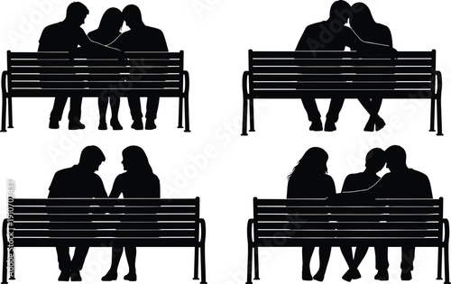 Vector silhouette set of romantic couples sitting on park benches featuring intimate moments lovers talking hugging and spending time together in various poses,
