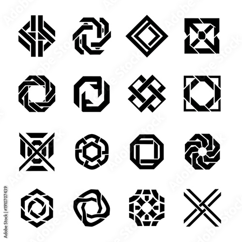 Collection of abstract geometric shapes and patterns in black and white.