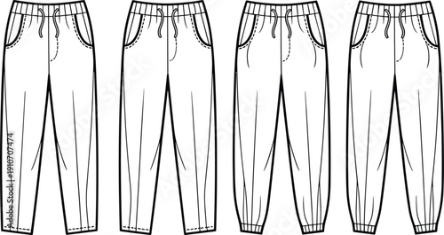 Set of four technical flat sketches of jogger pants with elastic waistband and cuff variations, detailed vector fashion template for apparel design and production