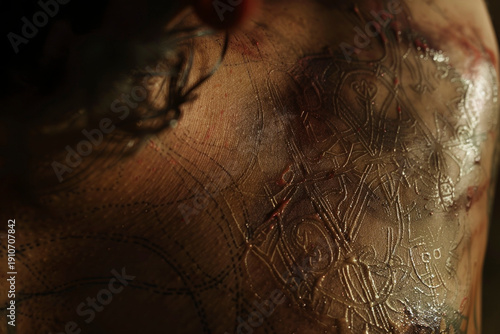 Close-up of a human back with intricate, glowing, patterned scars or tattoos, creating a mysterious and artistic effect.