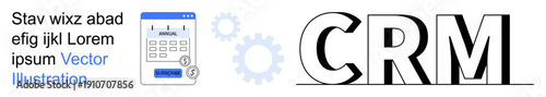 Customer relationship management, productivity tools, workflow automation, scheduling solutions, software integration, data management. CRM text with calendar and gear icons. CRM and productivity