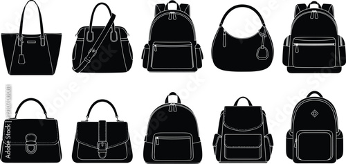 Women handbag and backpack silhouette icon set showing purses shoulder bags and backpacks, fashion accessories illustration for shopping, retail branding, ecommerce catalogs and product design use