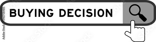 Search banner in word buying decision with hand over magnifier icon on white background