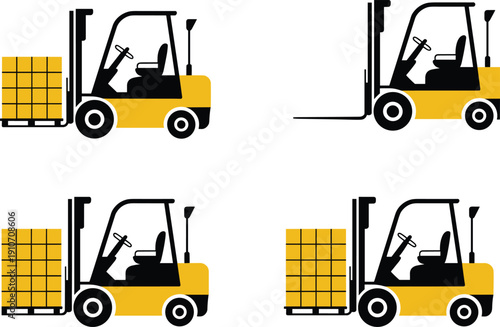 Set of yellow forklift truck icons lifting pallet boxes isolated on white background, warehouse logistics loading and unloading concept vector illustration industrial transportation equipment