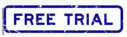 Grunge blue free trial word square rubber seal stamp on white background