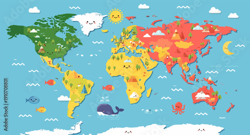Funny cartoon world map vector design, colorful educational geography illustration for children and school projects.