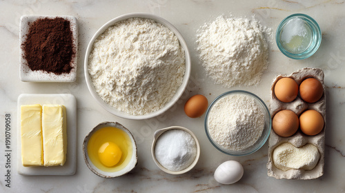 Ingredients for baking a cake are arranged on a marble countertop