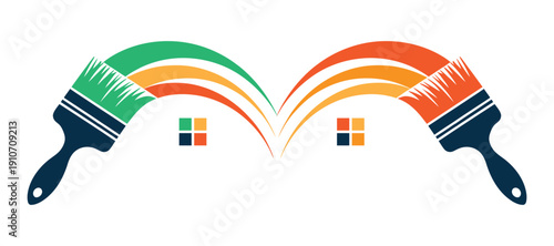 Creative Home Renovation and Painting Service Logo Concept with Colorful Paint Brushes and Abstract House Symbol, Isolated on Transparent Background