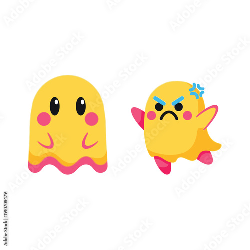 Cartoon ghosts with different emotions in bright yellow color on white background for digital illustration