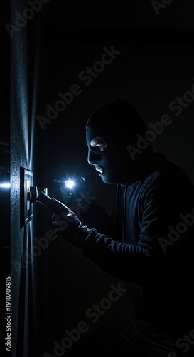 A masked individual, dressed in dark clothing and wearing gloves, uses a flashlight while attempting to open a secure safe door at night ,felony ,flashlight ,mask