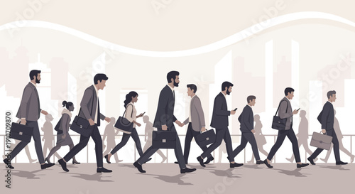 Commuting Crowd Business Professionals Walking to Work in the City.