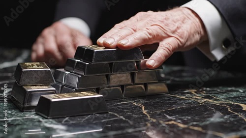 financial planning debt tools concept. Elderly person stacking silver bars on a marble surface, symbolizing wealth and investment.
