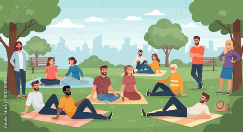 Diverse group enjoying a picnic in the park socializing and relaxing.